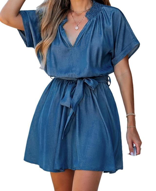 Cupshe Womens Blue Short Sleeve Tie Waist Mini Beach Dress - Light Product Image