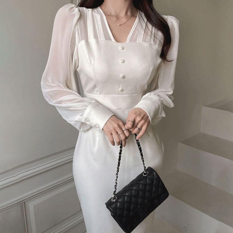 Long Sleeve V-Neck Plain Tie Back Button Panel Mesh Maxi Sheath Dress Product Image