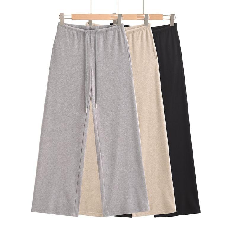 Drawstring Plain Crop Zip Hoodie / Drawstring Waist Plain Wide Leg Pants Product Image