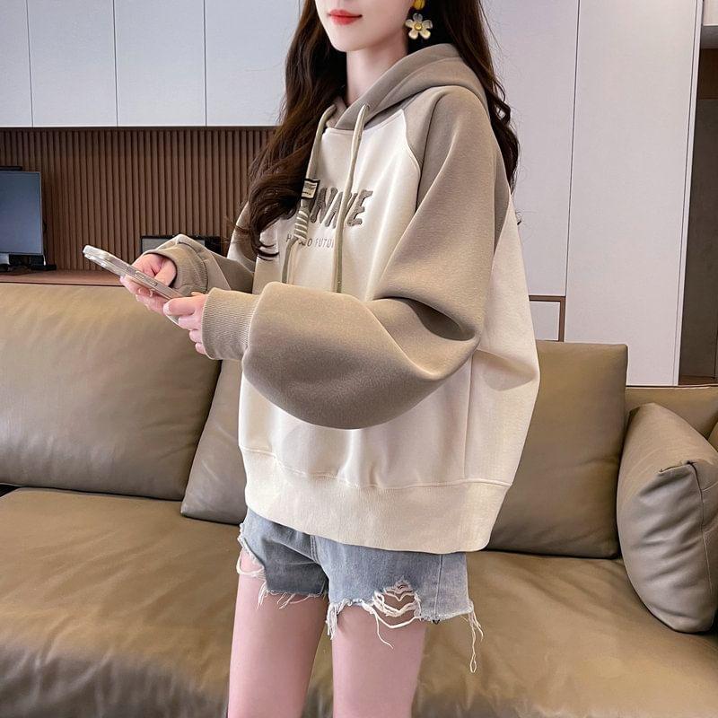 Lettering Embroidered Drawstring Raglan Hoodie Product Image