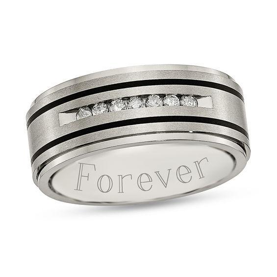 Men's 1/4 CT. T.w. Diamond Engravable Double Stripe Wedding Band in Two-Tone Titanium (2 Lines) Product Image