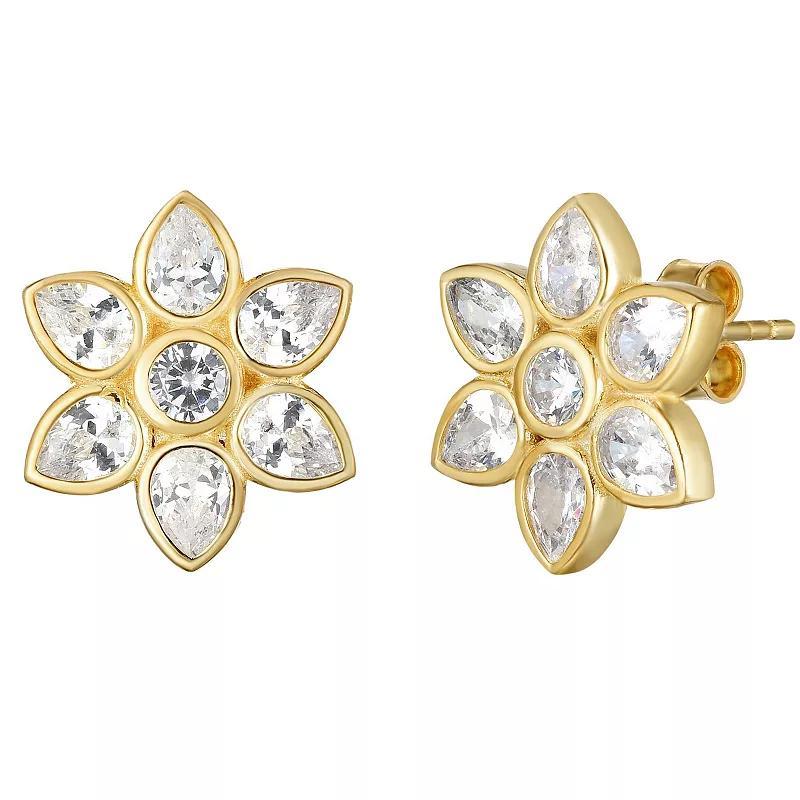 Sunkissed Sterling 14k Gold Over Silver Cubic Zirconia Flower Stud Earrings, Womens, Gold Tone White Product Image