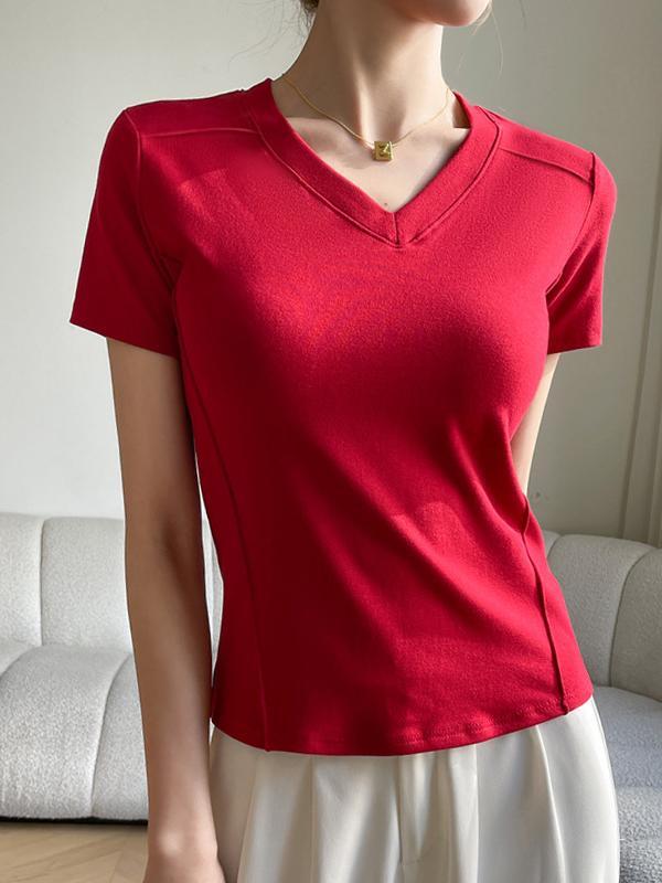 Short Sleeves Skinny Solid Color Split-Joint V-Neck T-Shirts Product Image