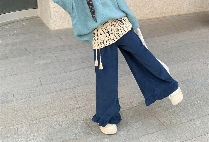 Bow Crew Neck Plain Button Cardigan / Knit Mini Skirt / Mid Waist Corduroy Wide Leg Pants Product Image