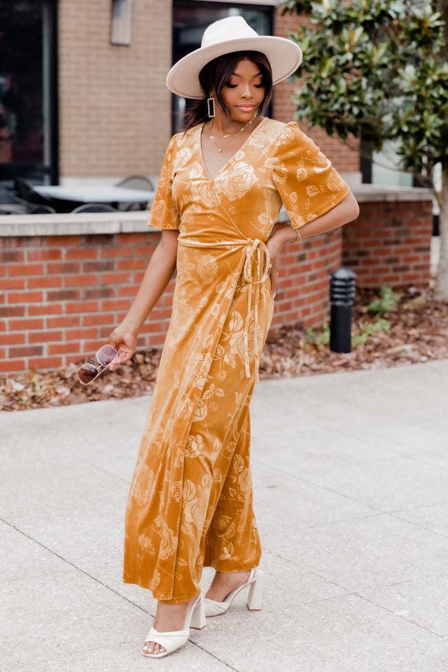 Forever Grateful Gold Velvet Floral Maxi Dress FINAL SALE Product Image