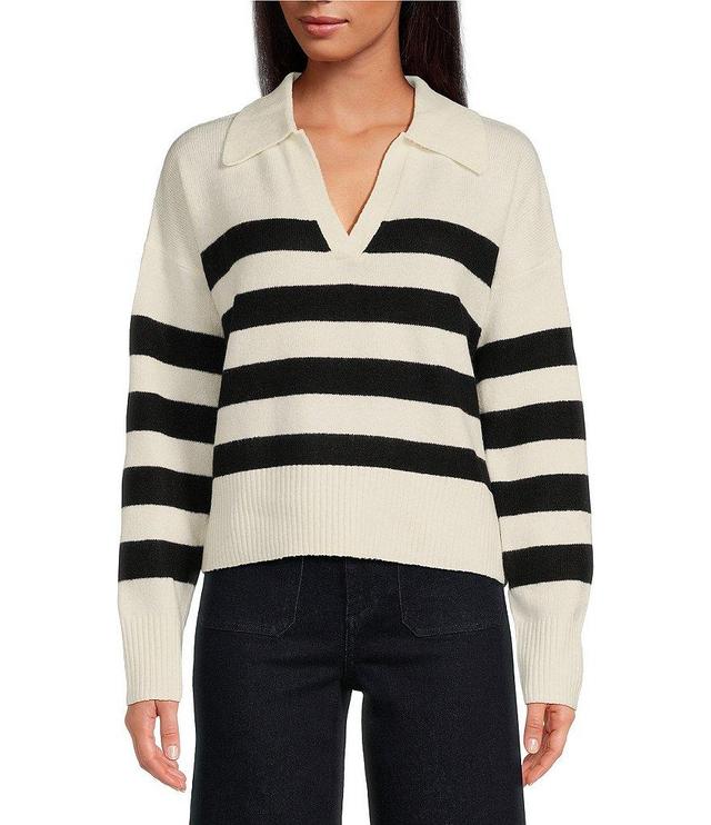 Every Wool Rugby Stripe Pointed White Collar V-Neck Long Sleeve Pullover Product Image