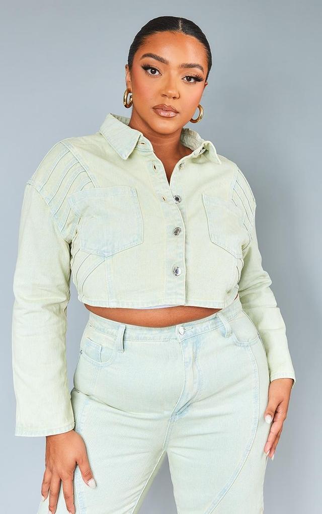 Plus Stone Vintage Wash Seam Detail Crop Denim Jacket Product Image