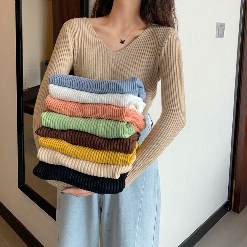 V-Neck Ribbed Knit Sweater product image