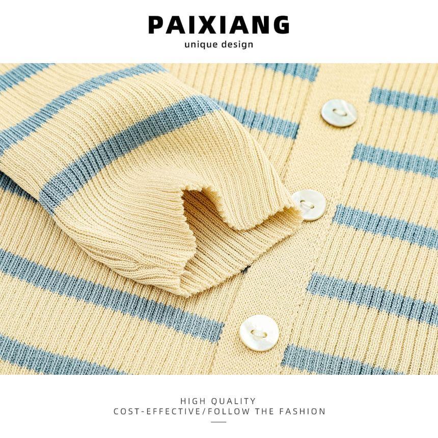 Long-Sleeve V-Neck Striped Button Accent Knit Top Product Image