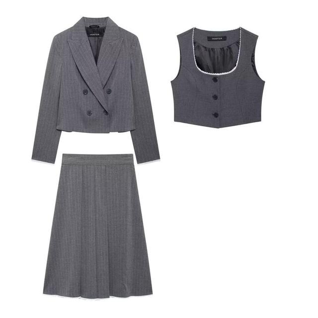 Lapel Collar Pinstriped Double Breasted Crop Blazer / Scoop Neck Button Vest / Mid Rise Midi A-Line Skirt Product Image