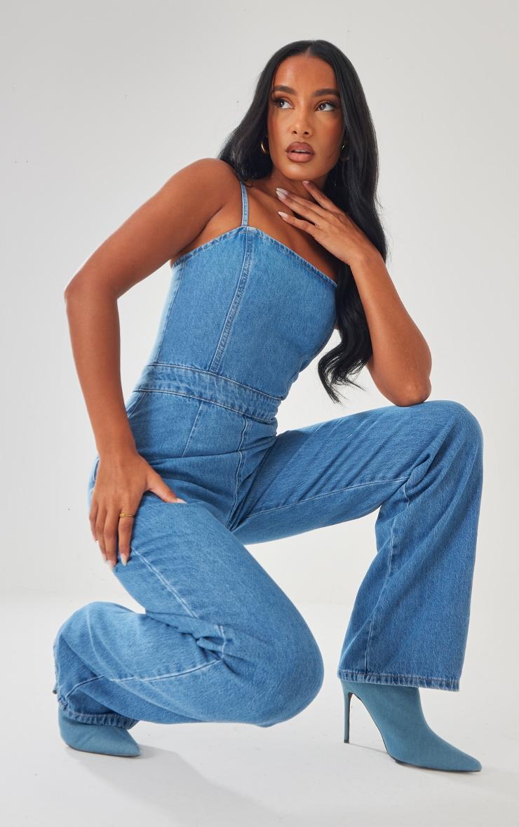 Mid Blue Wash Strappy Back Detail Denim Jumpsuit Product Image