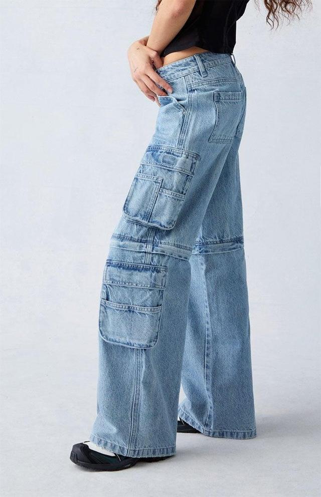 Women's Light Indigo Zip Off Low Rise Baggy Cargo Jeans Product Image