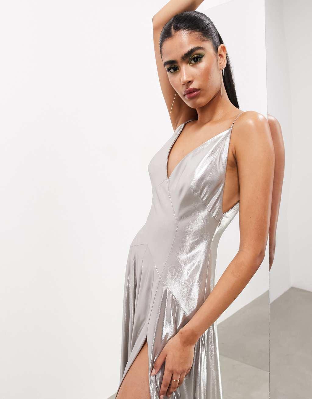 ASOS EDITION strappy cami paneled maxi dress in metallic silver Product Image