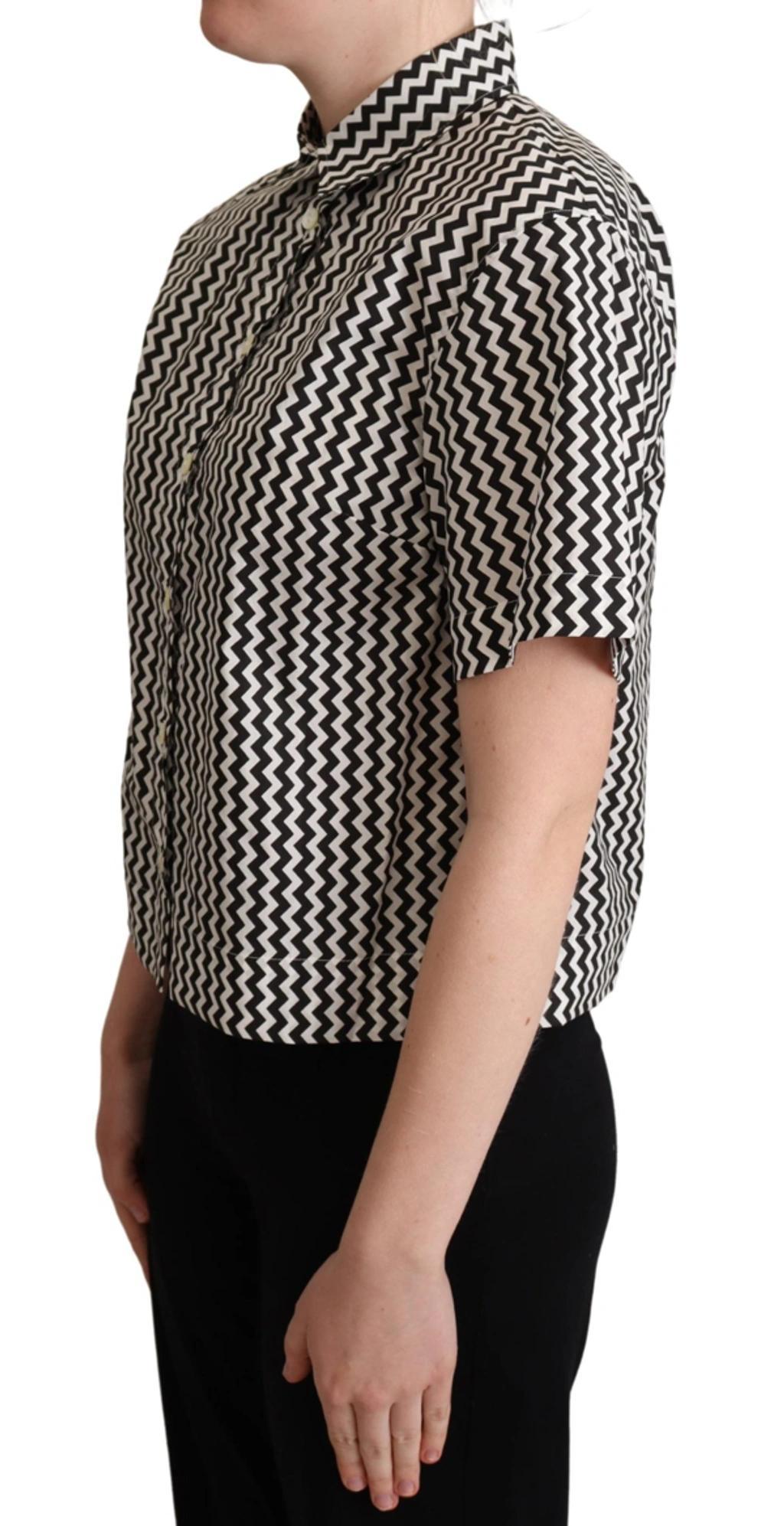 Black White Zigzag Collar Cotton Top Shirt Product Image