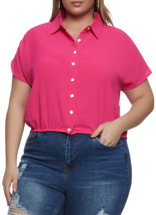 Womens Plus Size Crepe Knit Ruched Sleeve Button Front Shirt Product Image