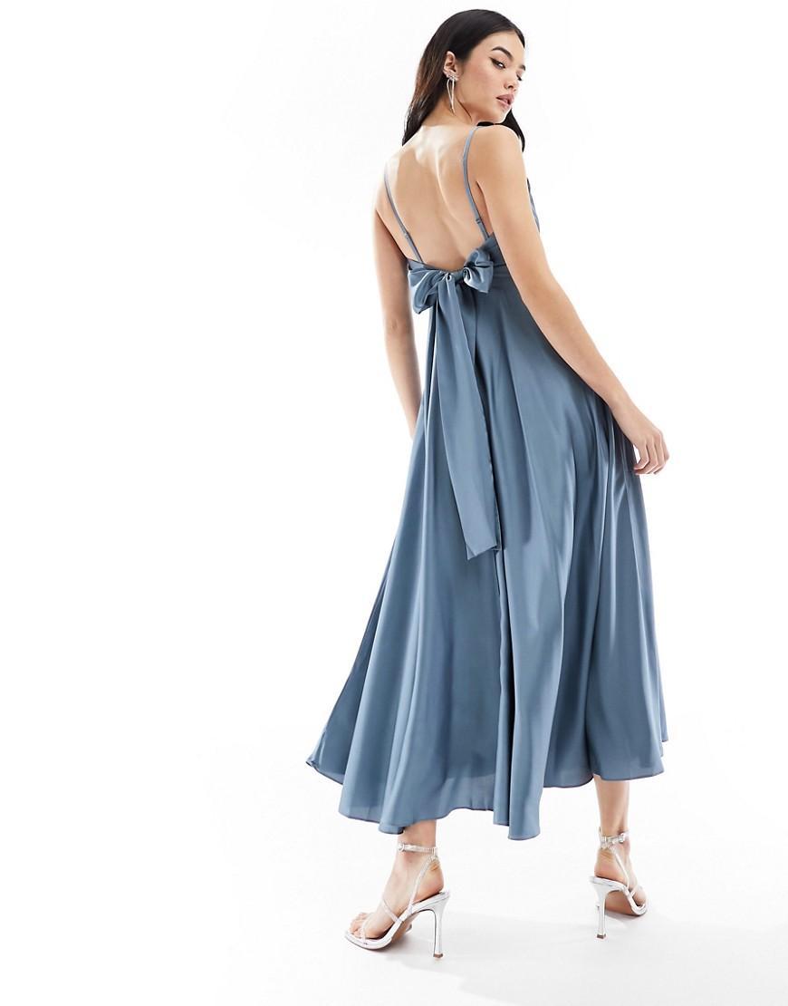 ASOS DESIGN satin midi dress with tie back in dusky blue   Product Image