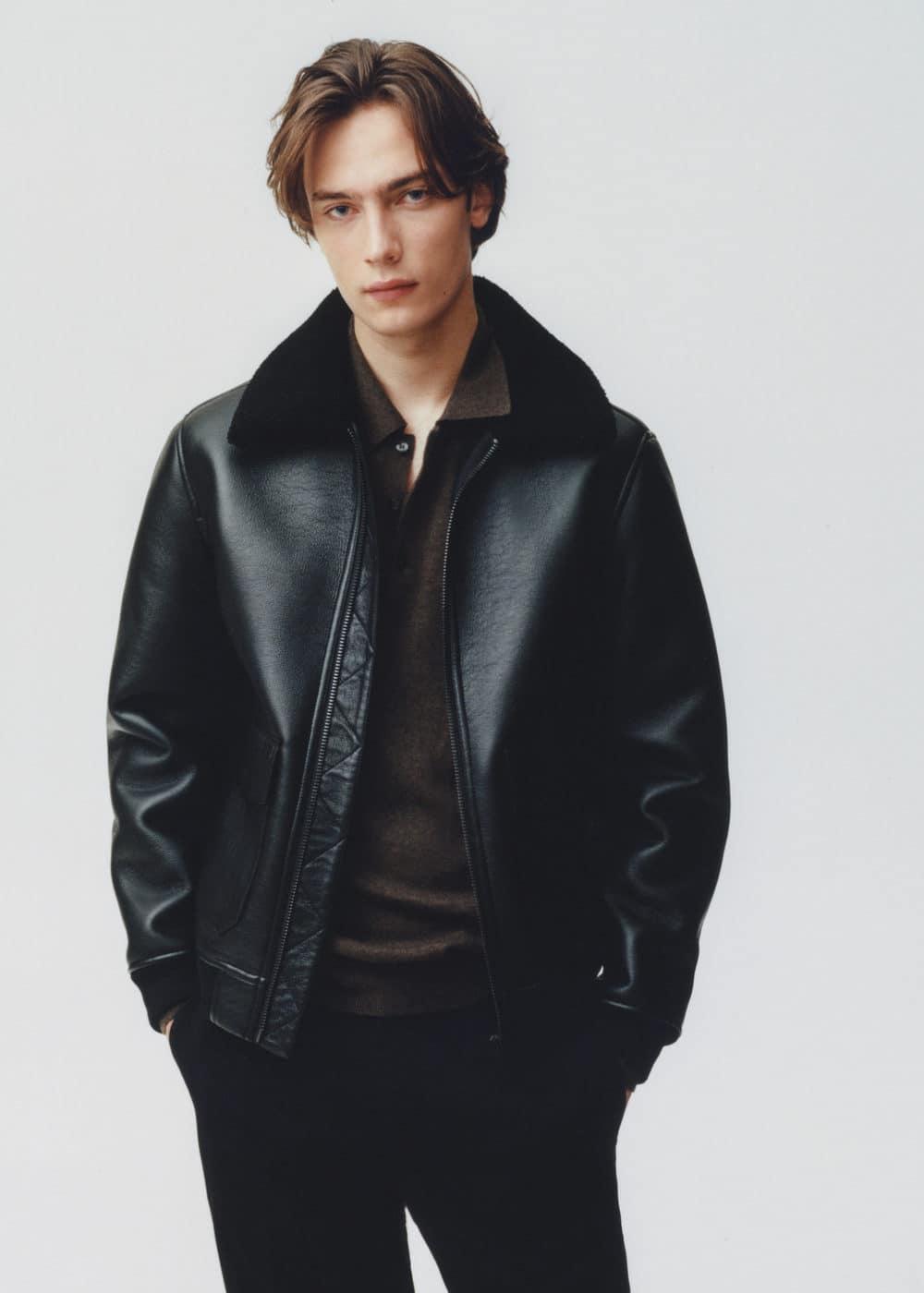 MANGO MAN - Shearling-lined leather-effect jacket blackMen Product Image