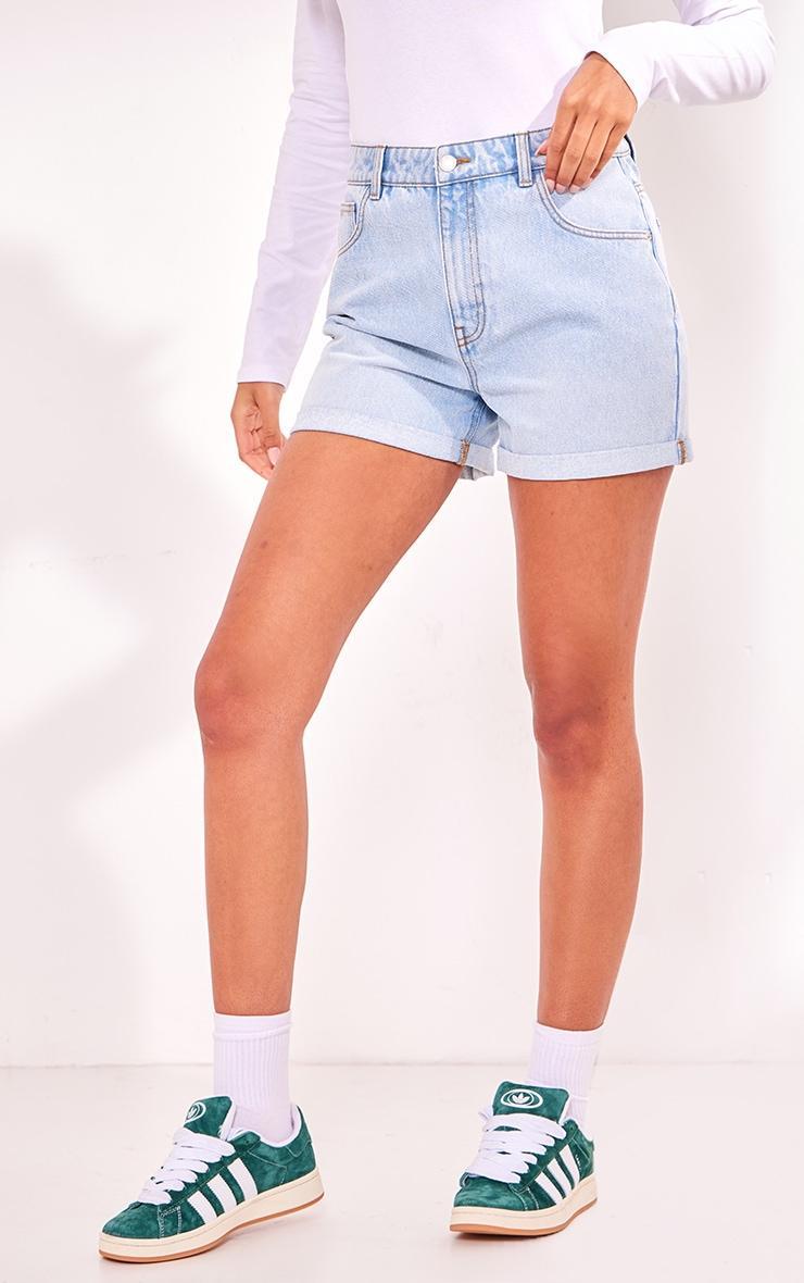 PRETTYLITTLETHING Tall Light Blue Wash Turn Up Mom Denim Shorts Product Image