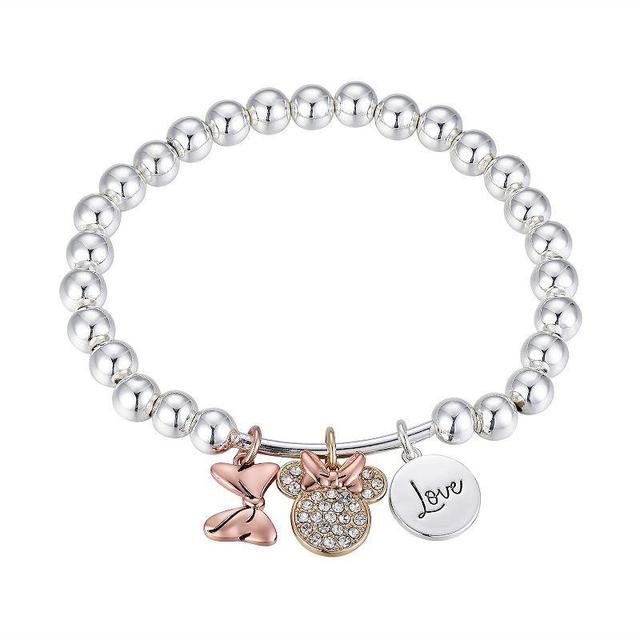 Disney Tri-Tone Crystal Minnie Mouse Love Multi Charm Stretch Bracelet, Womens Product Image