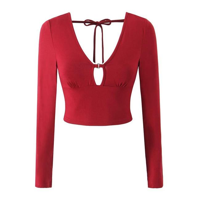 Long-Sleeve V-Neck Plain Crop Top Product Image