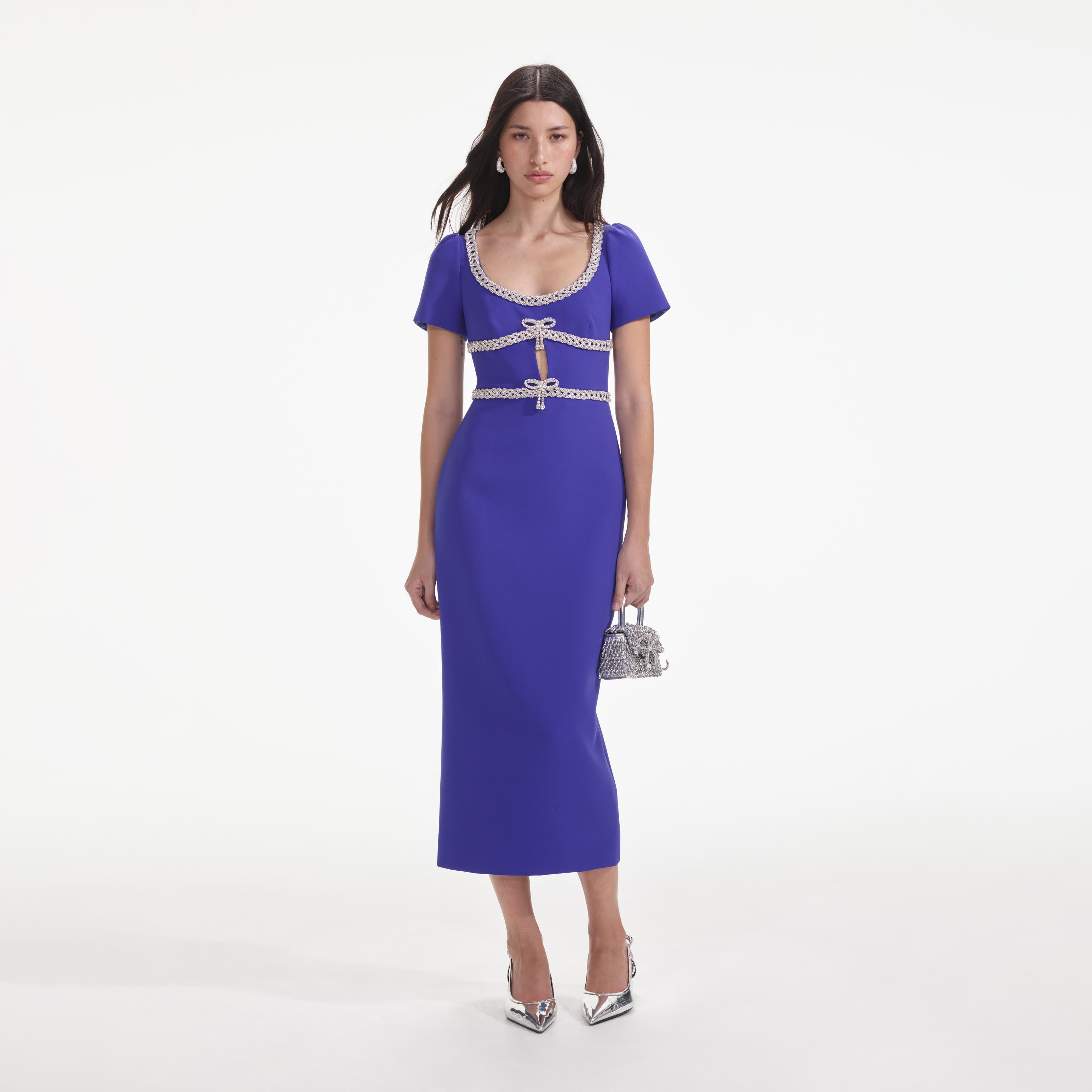 Blue Diamante Bow Trim Midi Dress Product Image