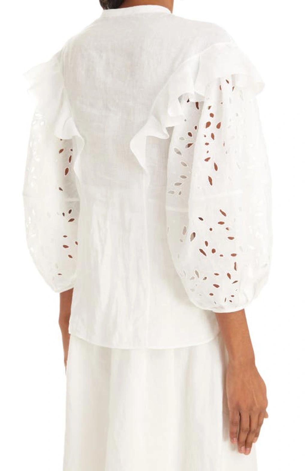 CHLOÉ Ruffled Broderie Anglaise Linen Blouse In White Product Image