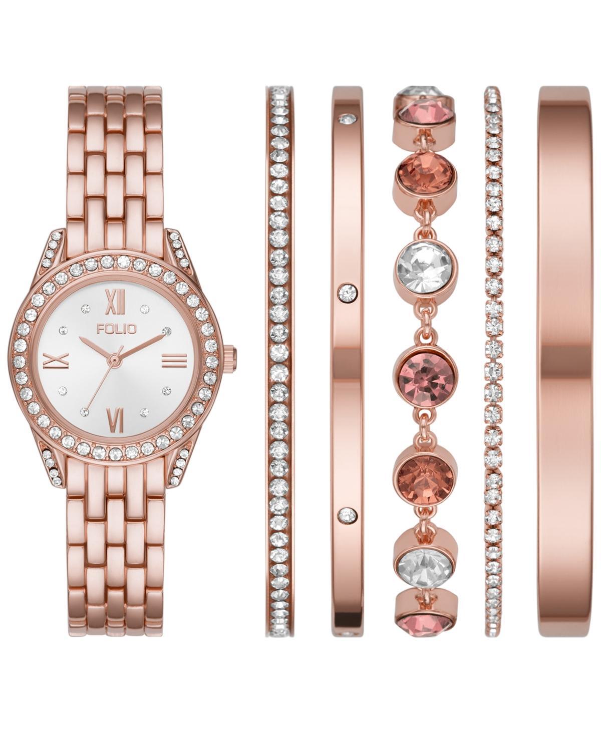 Folio Womens Rose Gold Tone with Silver Dial Watch & Stackable Bracelet Set Product Image