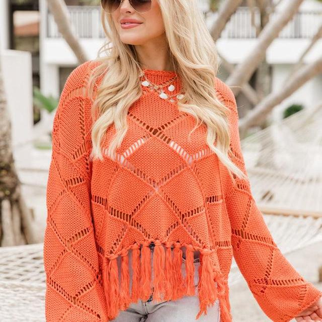 Better Days Ahead Coral Ladder Detail Fringe Hem Sweater Product Image