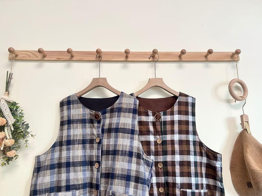 Crew Neck Plaid Button-Up Slit Long Vest Product Image