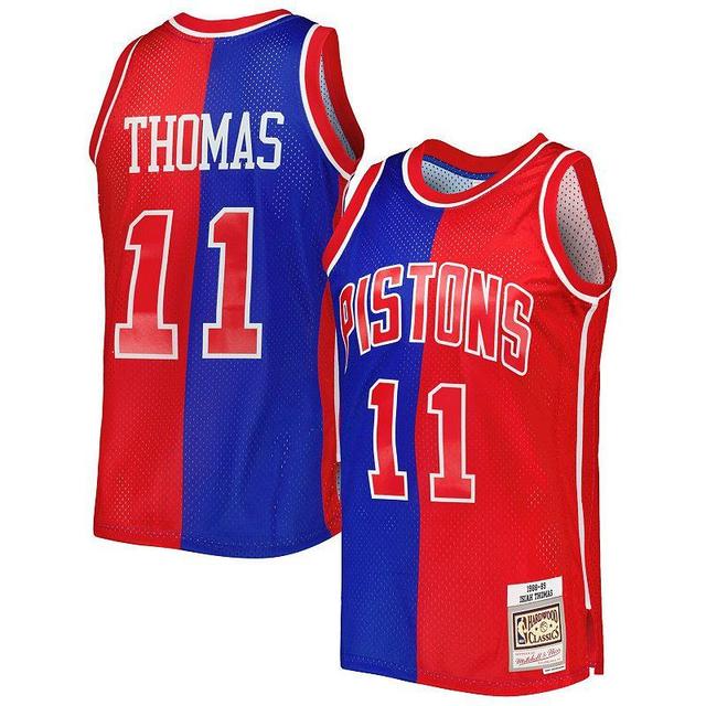 Mens Mitchell & Ness Isiah Thomas Blue/Red Detroit Pistons Hardwood Classics 1988-89 Split Swingman Jersey Product Image