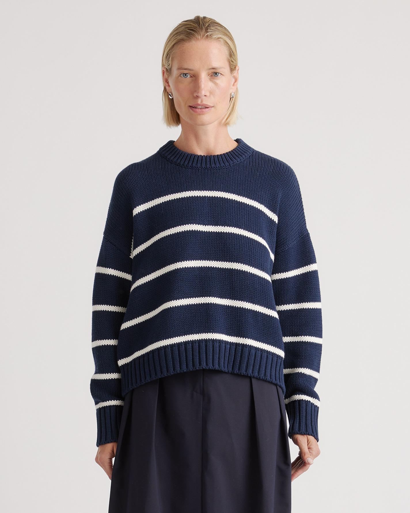 Womens Striped Crew Sweater in Navy/White, Size Small, Organic Cotton by Quince Product Image