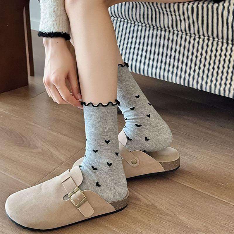 Heart Print Lettuce Edge Crew Socks Product Image