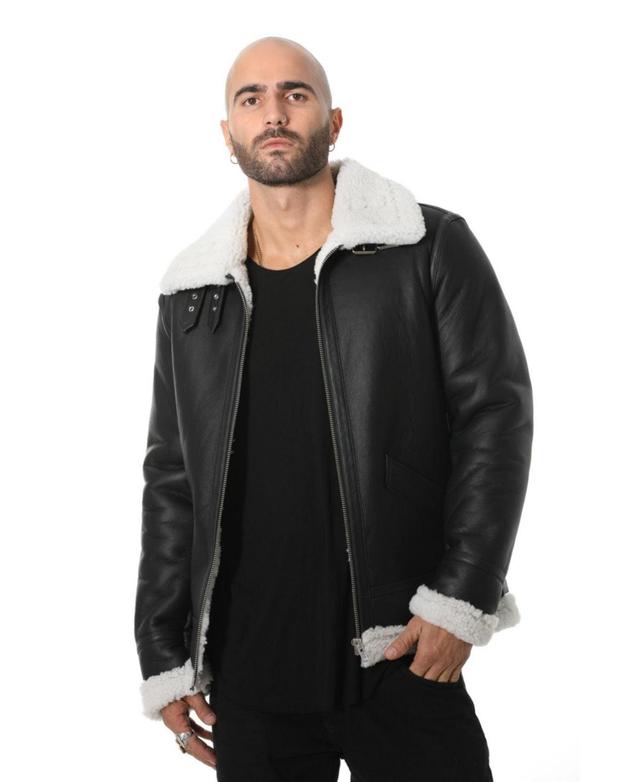 Mens Shearling Aviator Jacket, Silky Black with White Curly Wool Big & Tall Product Image