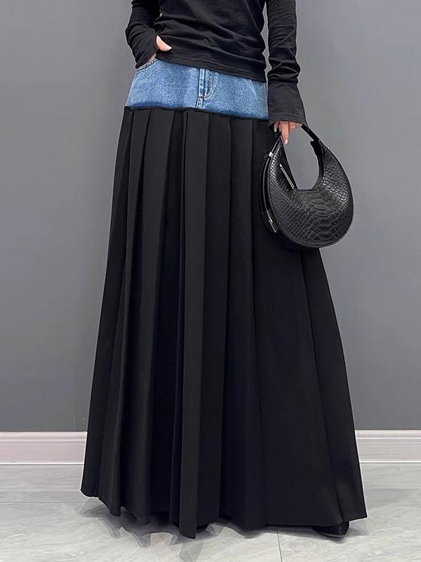 A-Line High Waisted Contrast Color Pleated Split-Joint Skirts Bottoms product image