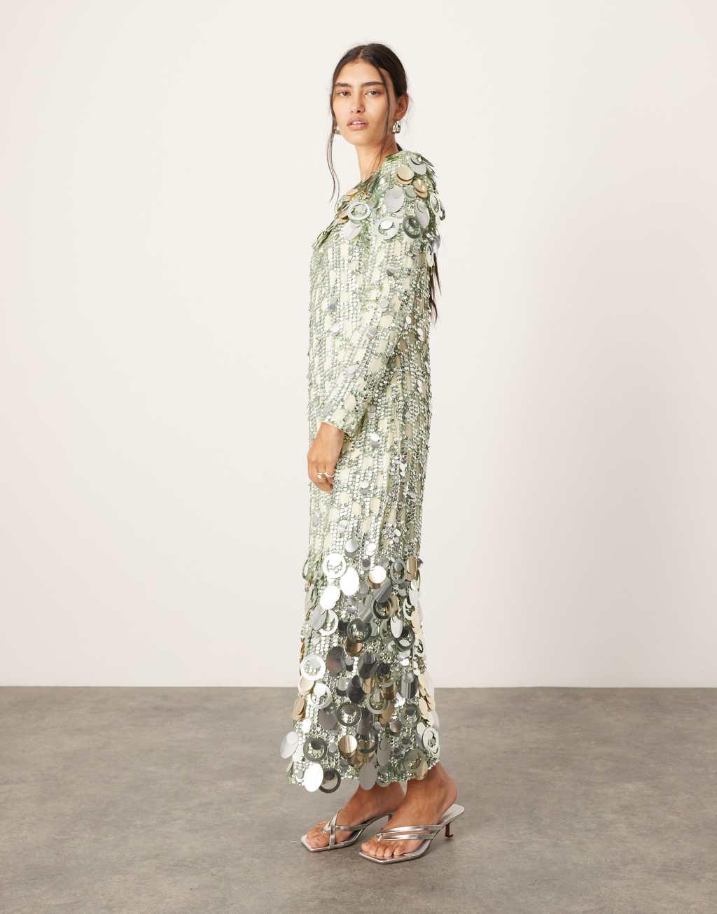 ASOS EDITION stacked multi sequin long sleeve column midaxi dress in green Product Image