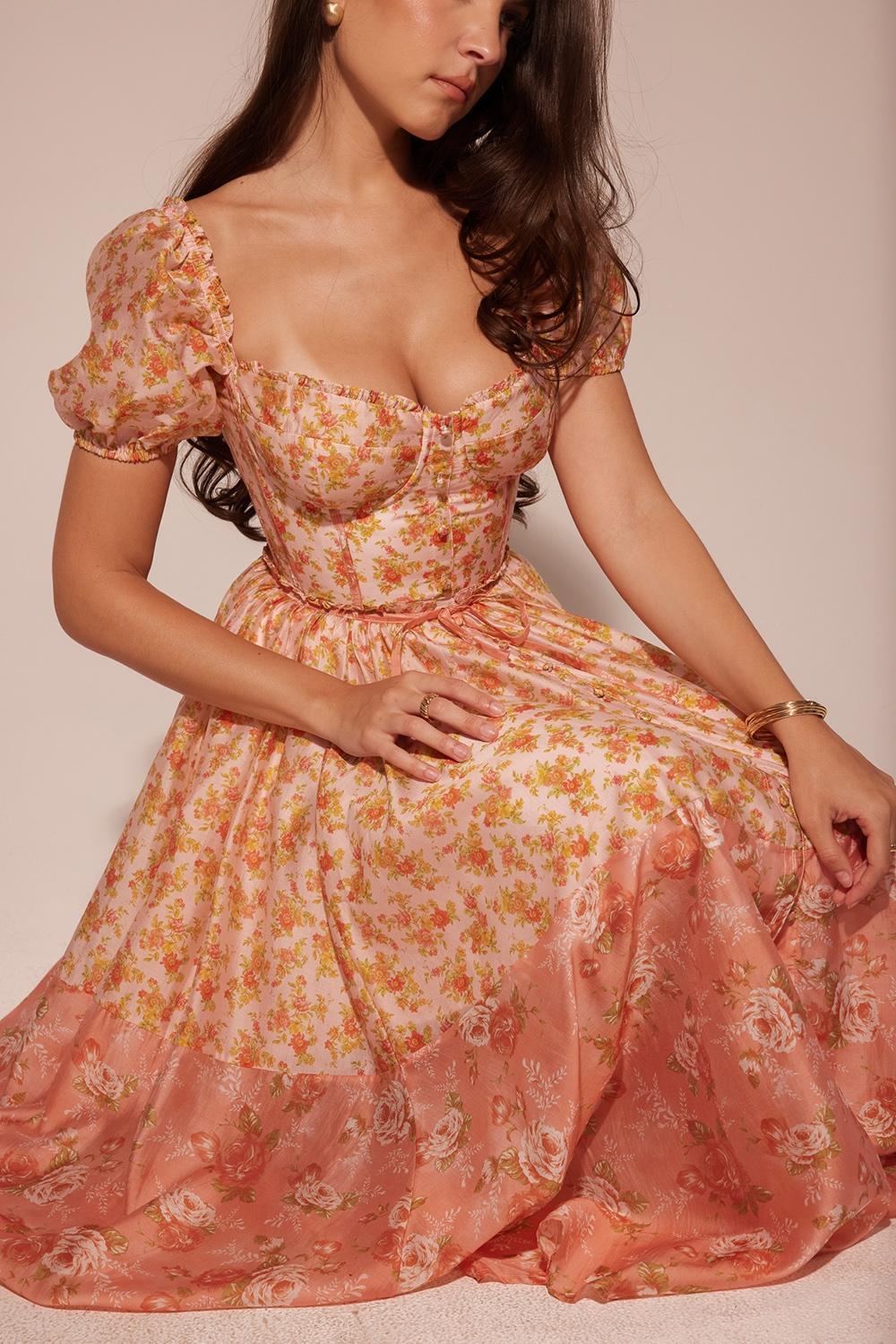 Penelope Peach Poppy Print Puff Sleeve Midi Sundress Product Image