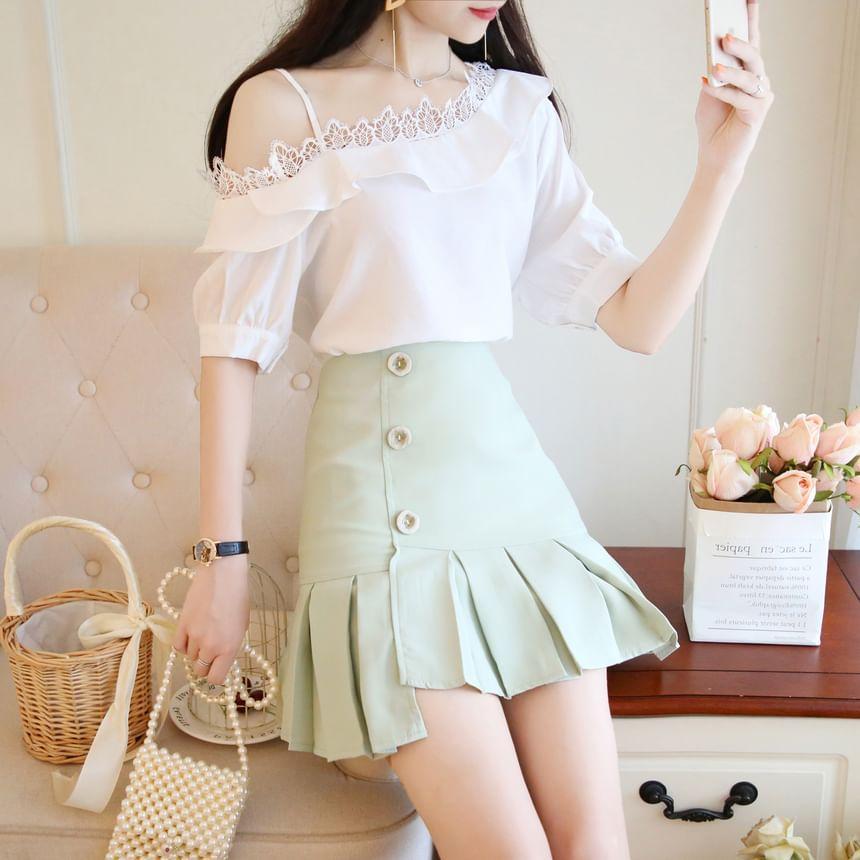 Short-Sleeve Cold Shoulder Plain Ruffle Panel Lace Top / High Waist Plain Pleated Mini A-Line Skirt / Set Product Image