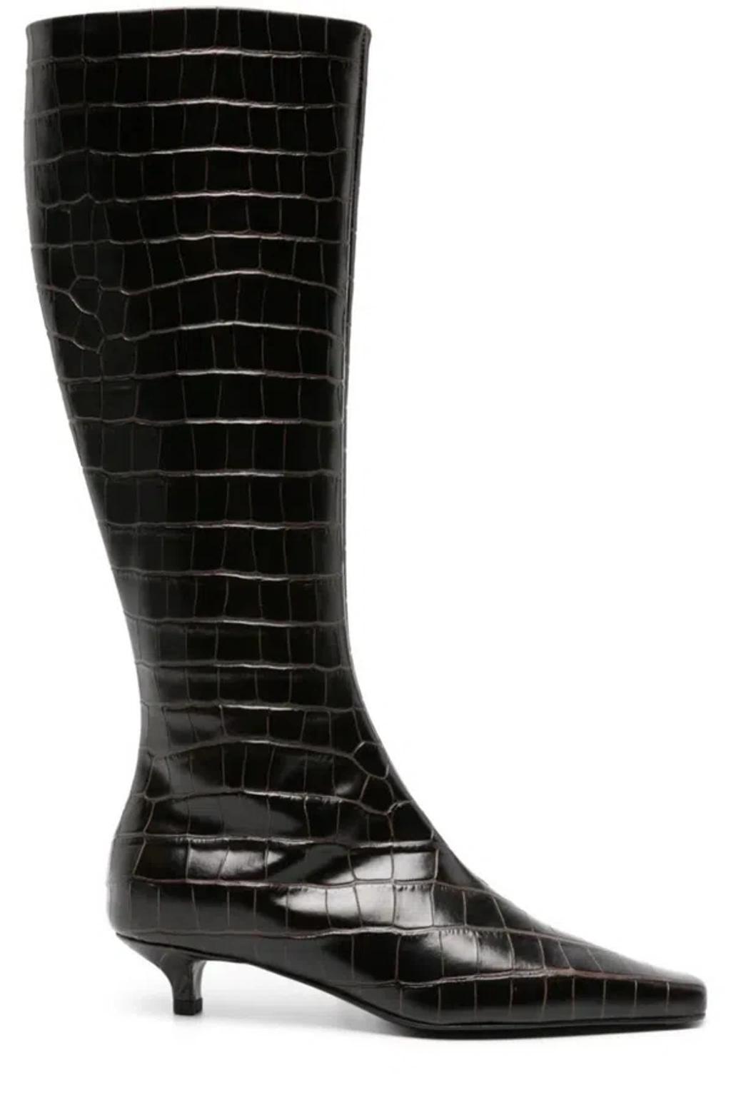 The Slim Knee High Boots In Crocodile Effect Leather In Brown product image