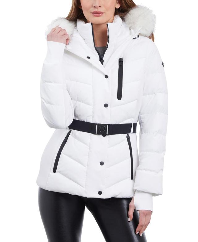 Michael Michael Kors Womens Belted Faux-Fur-Trim Hooded Puffer Coat Product Image