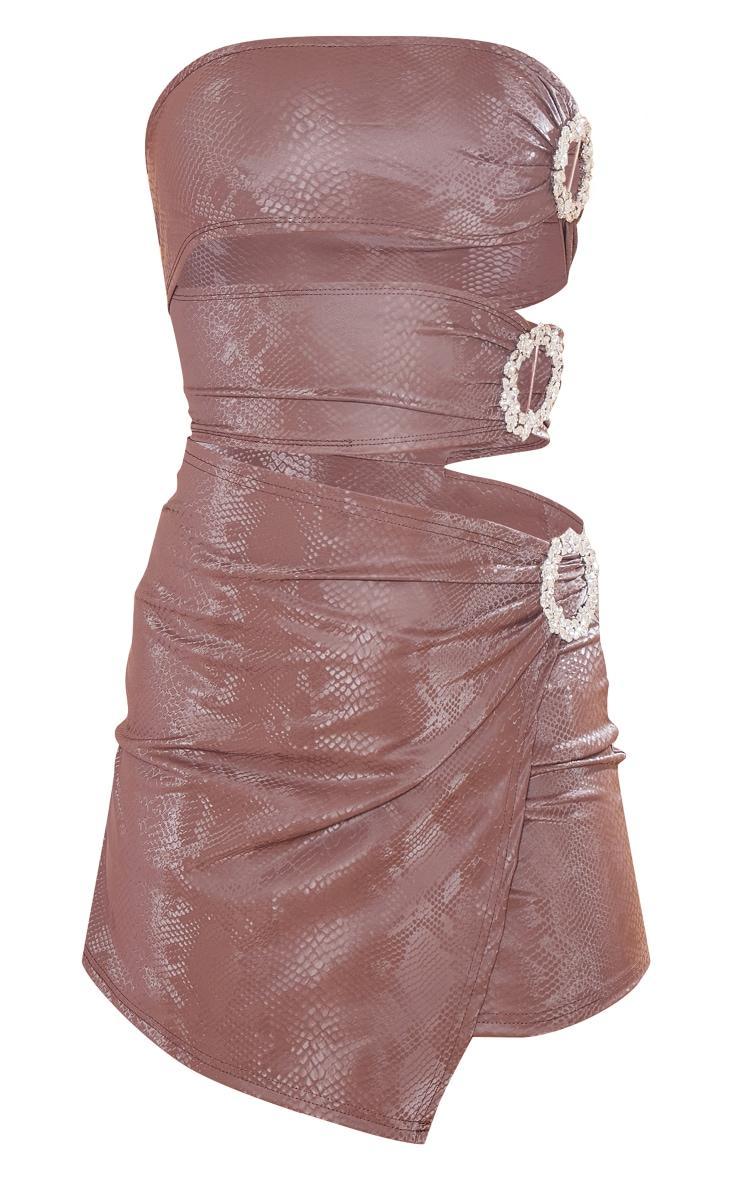 Chocolate Croc Print Pu Diamante Detail Cut Out Bandeau Bodycon Dress Product Image