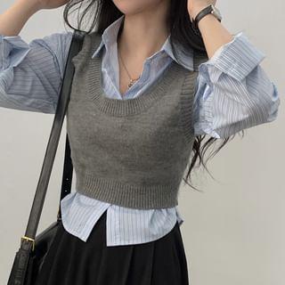 Striped Shirt / Plain Cropped Sweater Vest Product Image