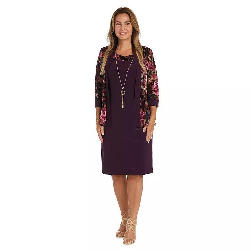 Petite R&M Richards 2-Piece Velvet Floral Burnout Jacket Dress with Necklace, Womens Product Image