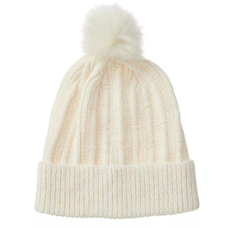 Womens isotoner Chenille Cuff Beanie Hat with Faux Fur Pom, Grey Product Image