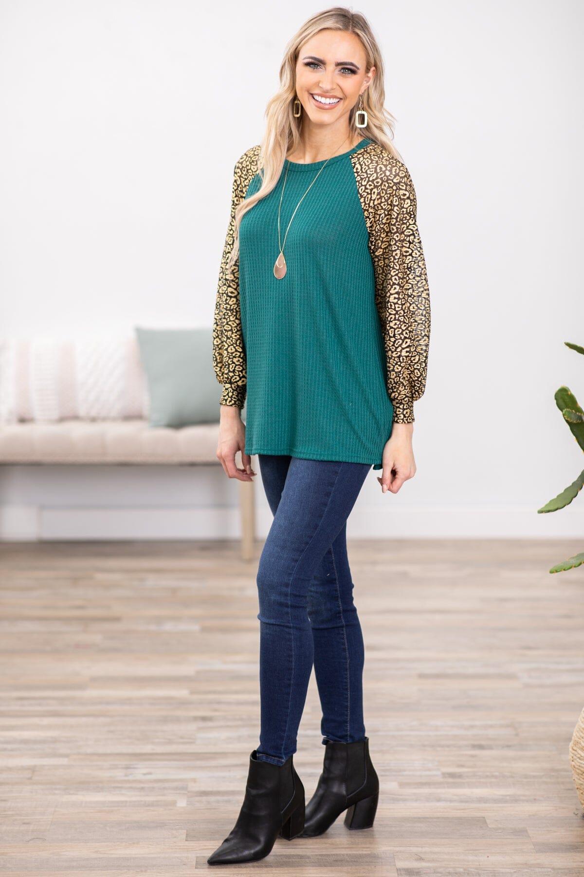 Emerald Green and Gold Animal Print Sleeve Top Product Image