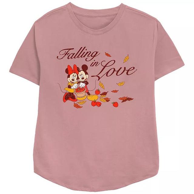 Disneys Mickey Mouse And Minnie Mouse Falling In Love Womens Relaxed Fit Graphic Tee Pink Product Image