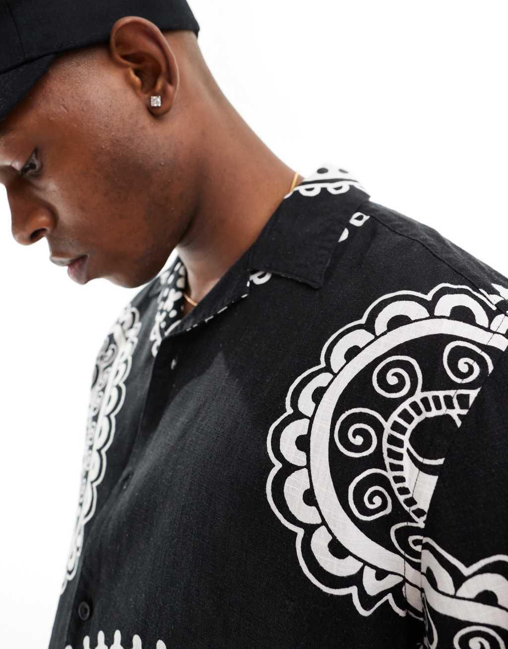 Only & Sons revere collar shirt with paisley print in black Product Image