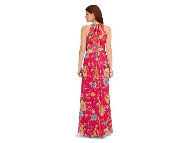 Adrianna Papell Printed Chiffon Mock Neck Halter Long Gown Multi) Women's Clothing Product Image