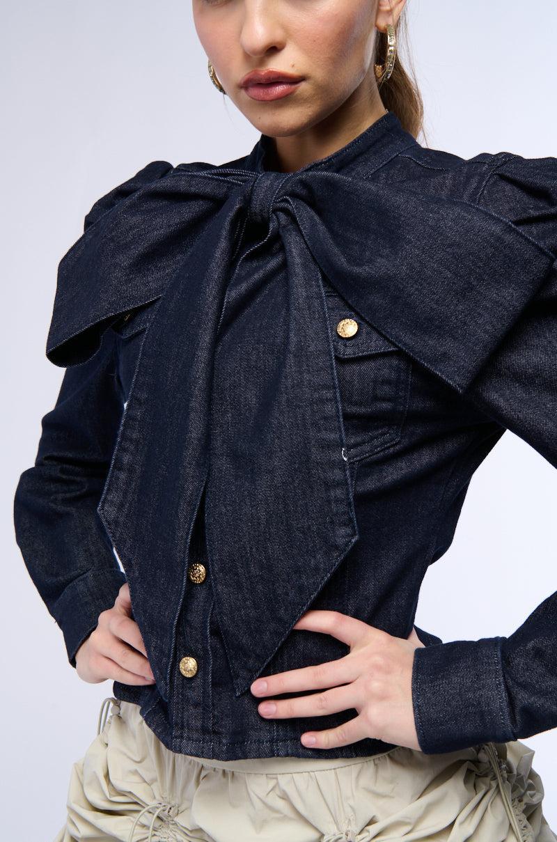 WAIT FOR U DENIM BOW BLOUSE Product Image