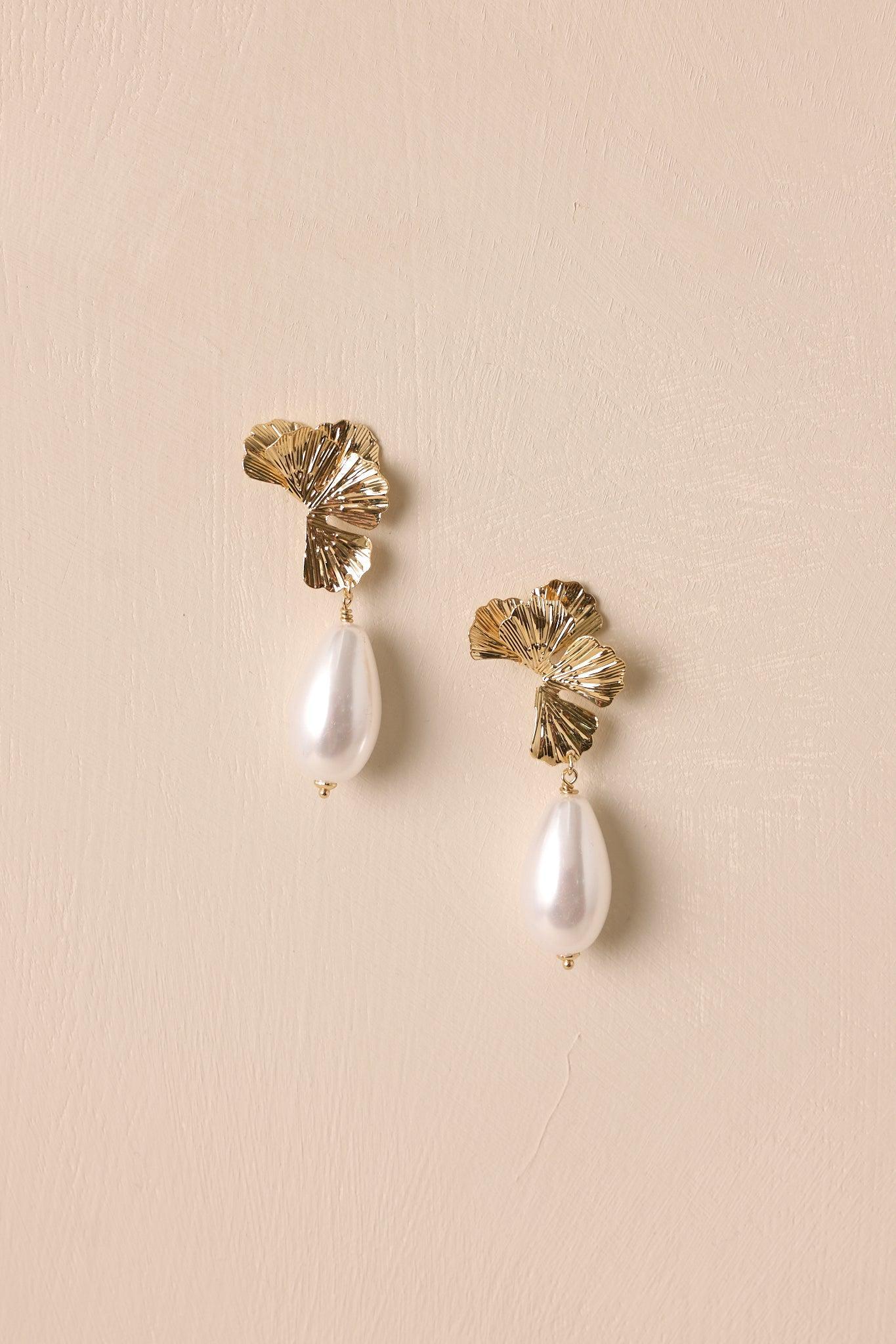 Quiet Spaces Gold & Ivory Pearl Floral Drop Earrings Product Image