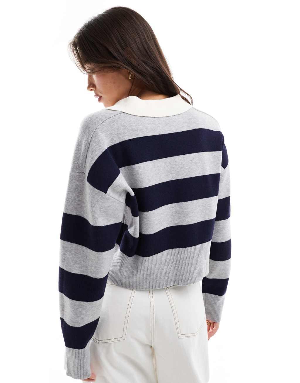 Bershka striped polo neck sweater in gray Product Image